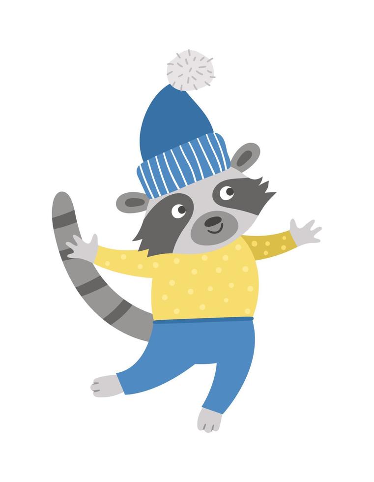 vektor tvättbjörn i blå hatt och gul tröja. söt vinter djur illustration. rolig julkortdesign. nyårstryck med leende karaktär