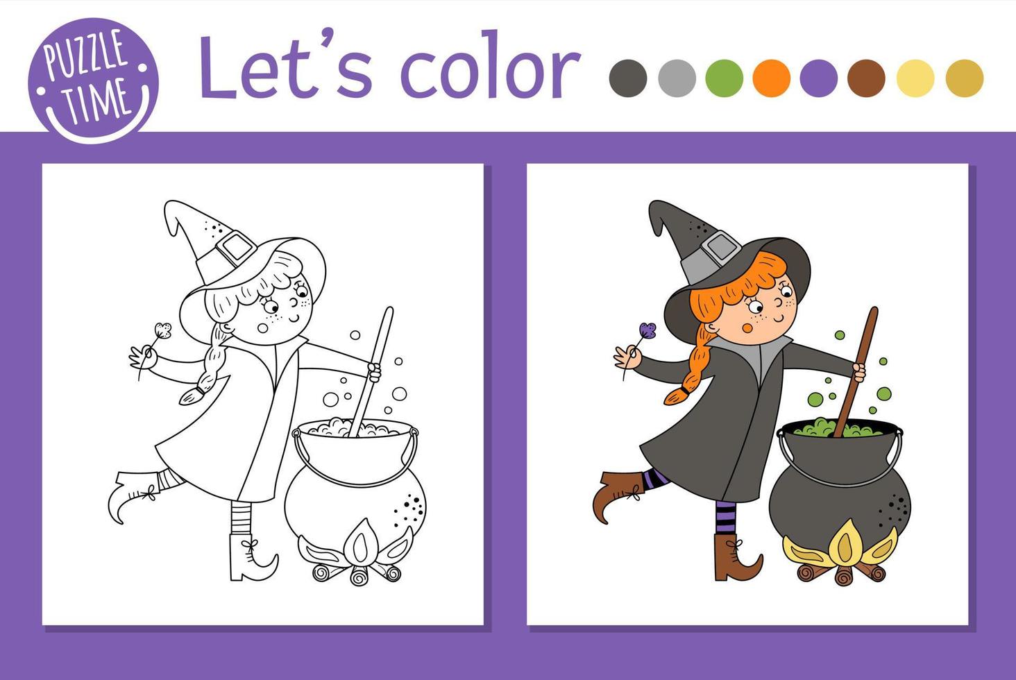 halloween målarbok för barn. söt rolig häxa med kittel. vektor höstlov disposition illustration. trick or treat dress party färgbok för barn med färgat exempel