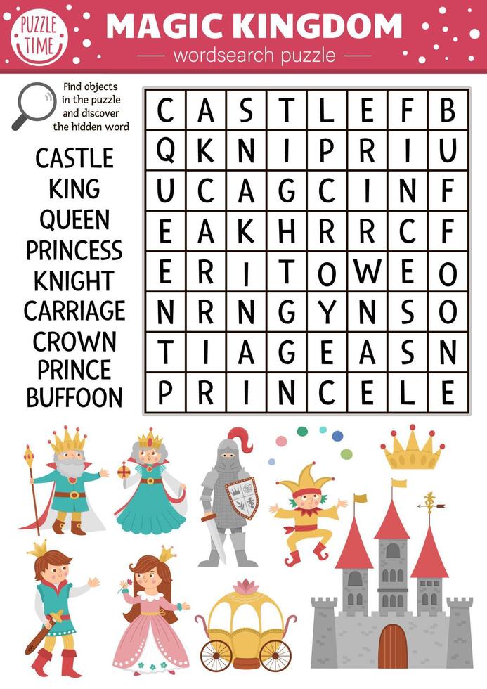 vektor sagos ordpussel för barn. enkelt magiskt kungarike korsord med fantasivarelser för barn. aktivitet med riddare, slott, prinsessa, kung, prins, krona. saga korsord