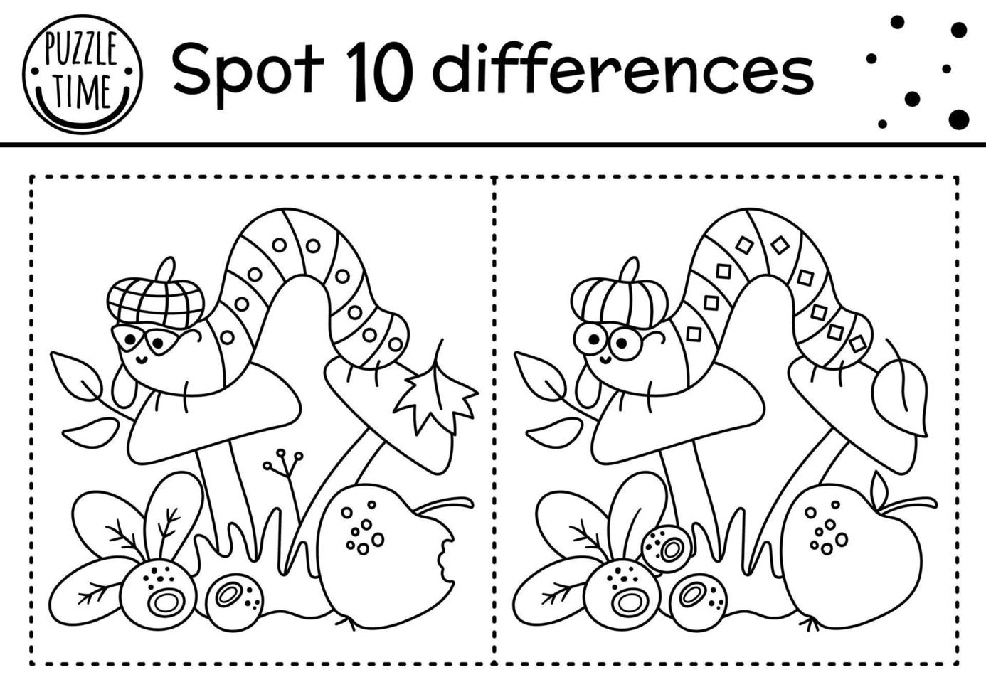 Finden Sie Unterschiede Linienspiel für Kinder. Schwarz-Weiß-Herbstwaldaktivität mit Raupe und Pilzen. Druckbares Arbeitsblatt mit süßem Insekt. Wald Puzzle. Herbstvorschulblatt vektor