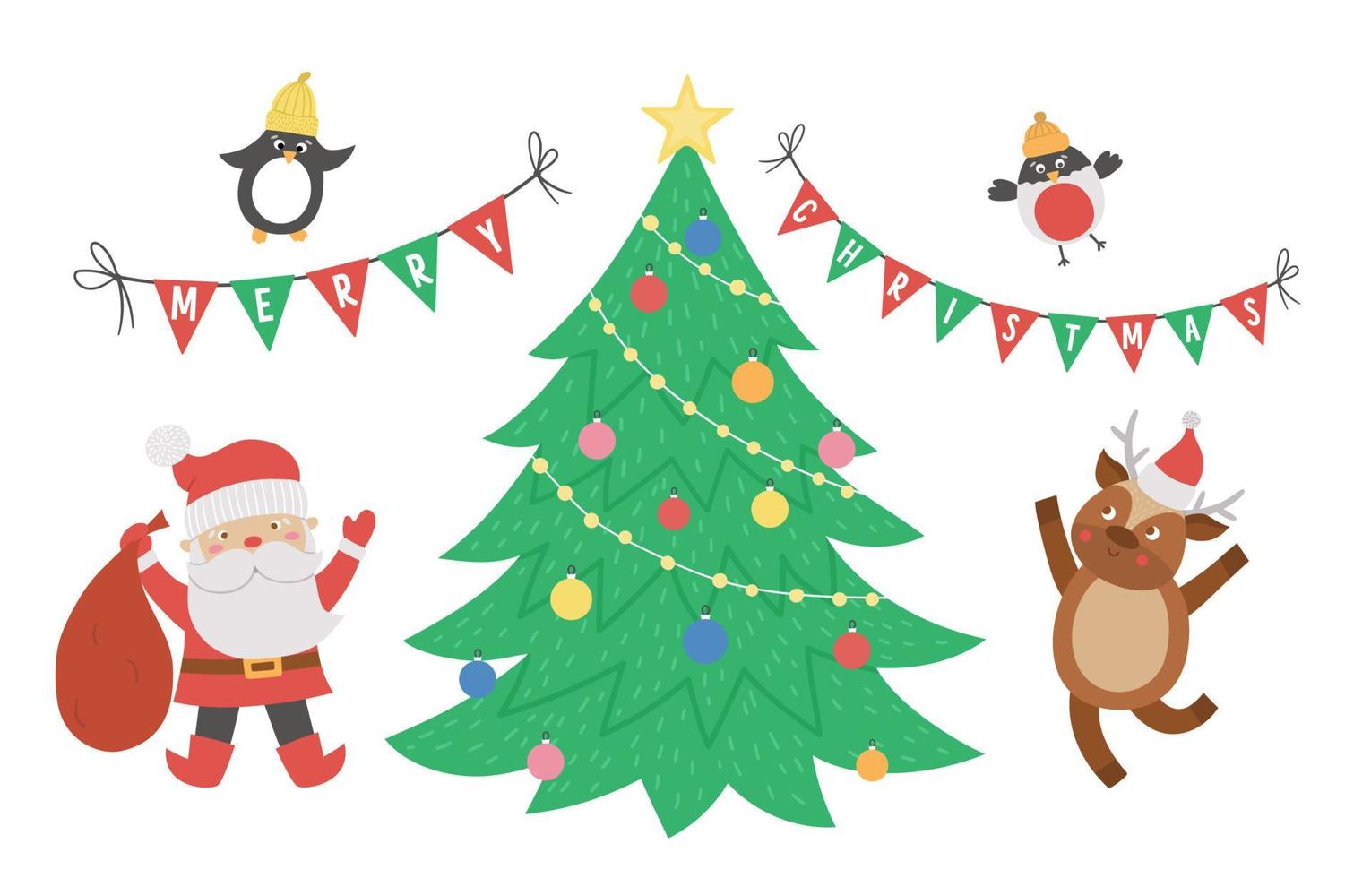 söt julscen med jultomten, rådjur, granfåglar och triangelflaggor. vinter illustration med djur. rolig kortdesign. nyårstryck med leende karaktärer vektor
