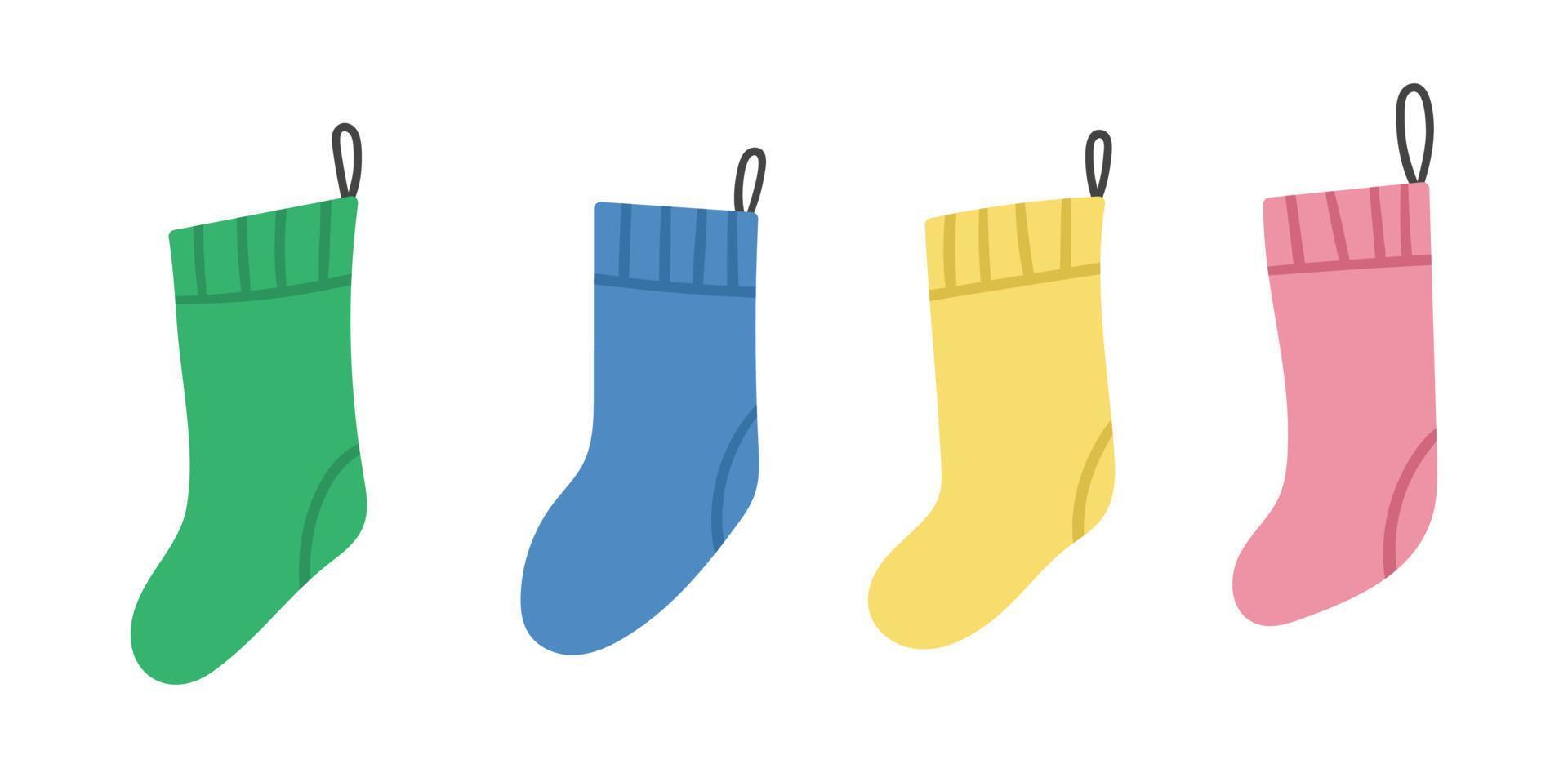 Vektor-Set von farbigen Strümpfen für Geschenke isoliert auf weißem Hintergrund. süße lustige Illustration des Symbols des neuen Jahres. Weihnachtsikonensammlung von hängenden Socken. vektor