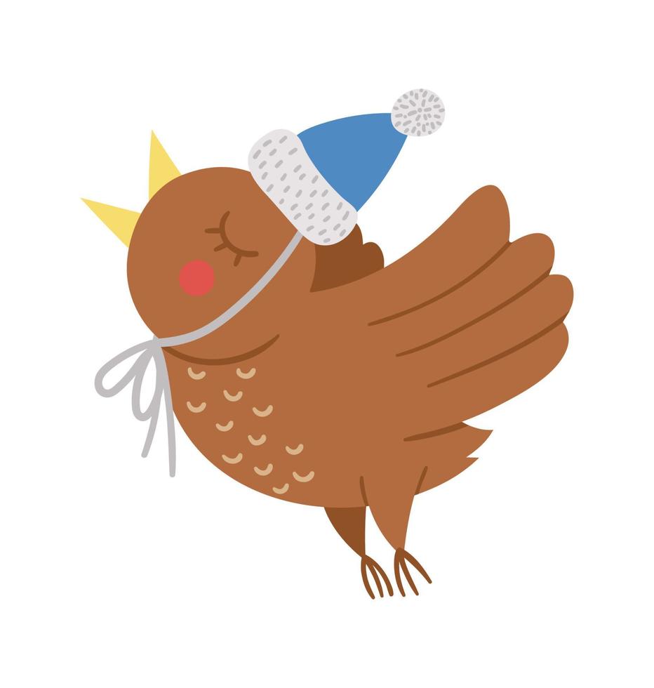 vektor flygande fågel med öppnad näbb i varm hatt. söt vinter djur illustration. rolig julkortdesign. nyårstryck med leende karaktär