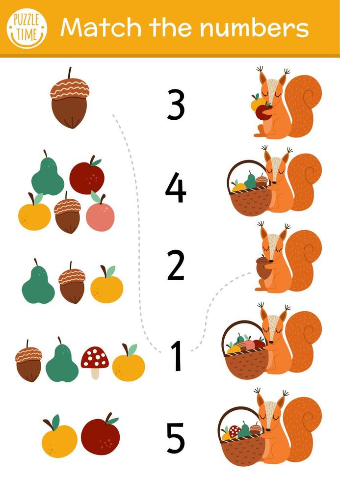 Match das Zahlenspiel mit Eichhörnchen und Obstkorb. Herbstfarm oder Waldmathematik für Kinder im Vorschulalter mit süßem Tier. pädagogisches druckbares Arbeitsblatt zum Zählen für Kinder vektor