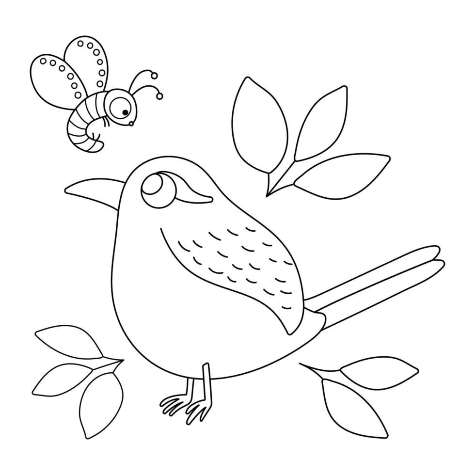 Vektor-Schwarz-Weiß-Zaunkönig mit Blättern und Insekten. lustige Waldvogel Symbol Leitung. süße Waldumrissillustration oder Malvorlage vektor