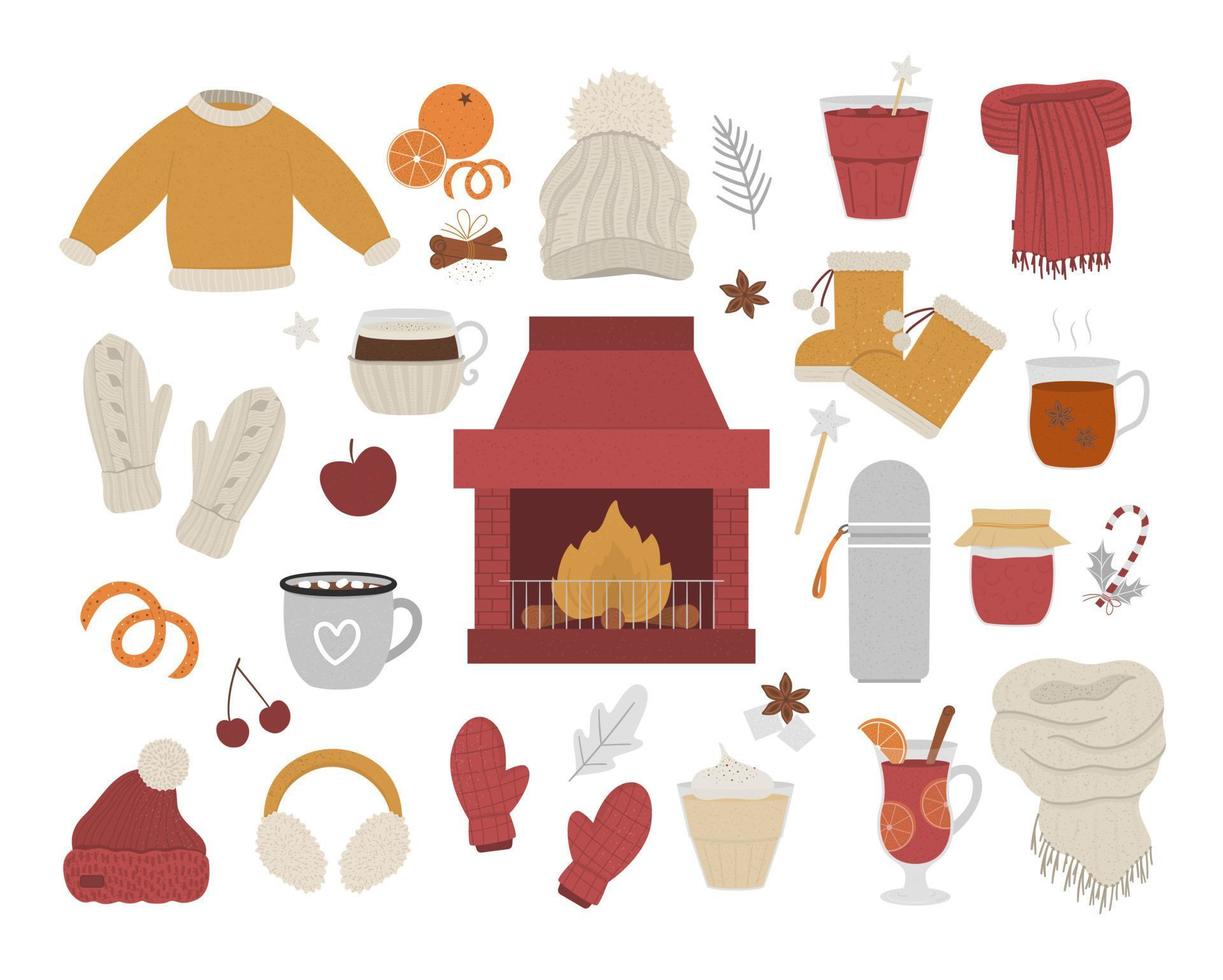 vektor mysig vinteruppsättning med skorsten och eld i mitten. uppvärmningsobjekt illustration. föremål för den kalla årstiden. mat, dryck, kryddor och kläder för att värma upp isolerad på vit bakgrund.