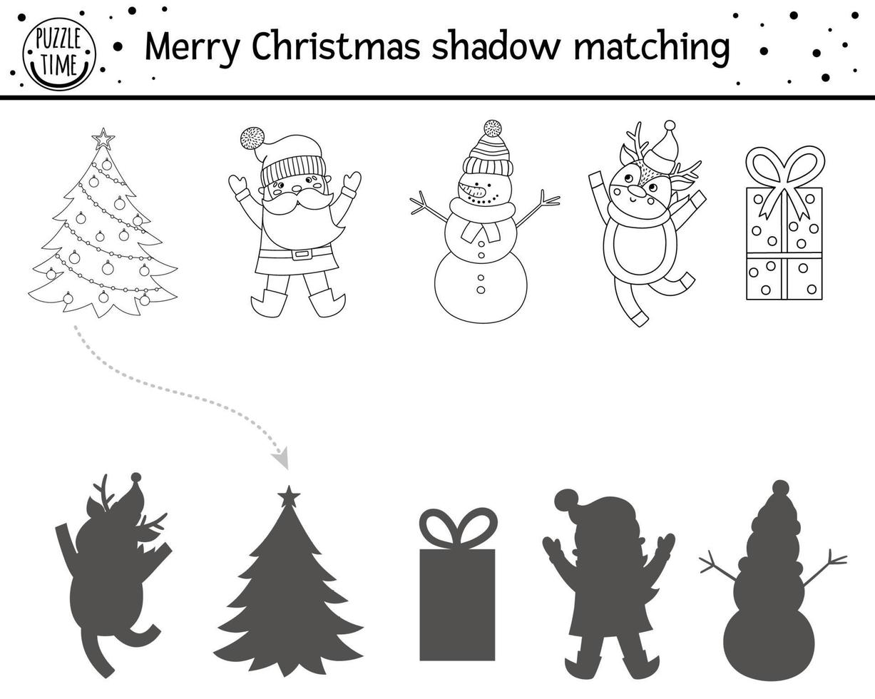 Weihnachten Schwarz-Weiß-Schatten-Matching-Aktivität für Kinder. Winter Malvorlagen. Lernspiel für Kinder mit süßem Schneemann, Hirsch, Weihnachtsmann. Finden Sie das richtige Arbeitsblatt für die Silhouette. vektor