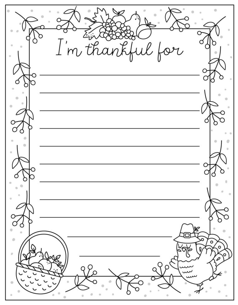 Vektor-Schwarz-Weiß-Danksagungskarte. Ich bin dankbar für die vertikale Briefvorlage mit süßem Truthahn, Korb mit Äpfeln, Obsternte. Herbst-Umriss-Feiertags-Rahmendesign für Kinder. vektor