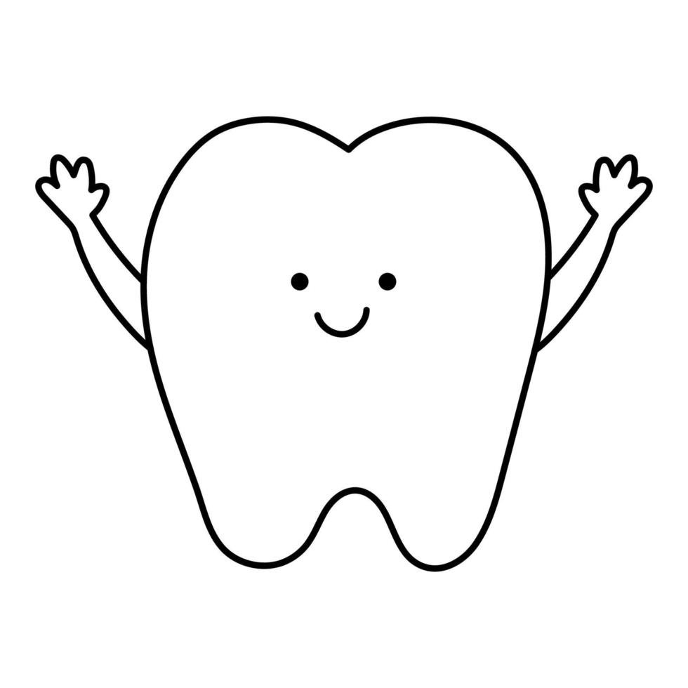 svart och vit kawaiitand med händerna uppåt. vektor tänder linje ikon. rolig tandvård bild för barn. tandläkare baby klinik clipart eller målarbok med munhygien koncept