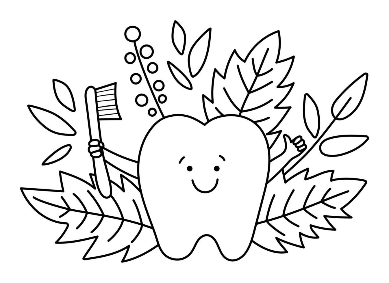 svart och vit kawaiitand med tandborste och tummen uppåt. vektor tänder linje ikon. rolig tandvård bild för barn. tandläkare munhygien koncept eller målarbok med blad och kvistar.
