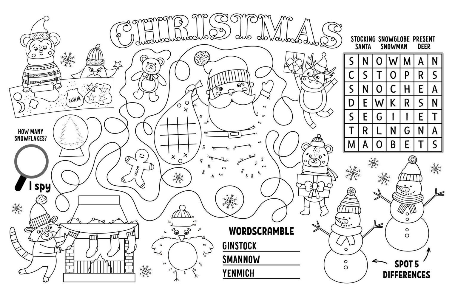 Vektor-Weihnachtstischset für Kinder. Bedruckbare Aktivitätsmatte für den Winterurlaub mit Labyrinth, Tic-Tac-Toe-Diagrammen, verbinde die Punkte, finde den Unterschied. Schwarz-Weiß-Neujahrsspielmatte oder Malvorlage vektor