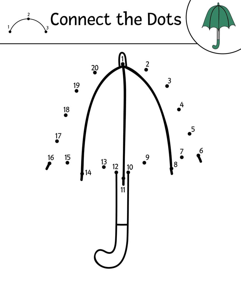 Vektorherbst-Punkt-zu-Punkt- und Farbaktivität mit süßem Regenschirm. Herbstsaison verbinden das Punktespiel. lustige Malvorlage für Kinder mit Regenschutz. vektor