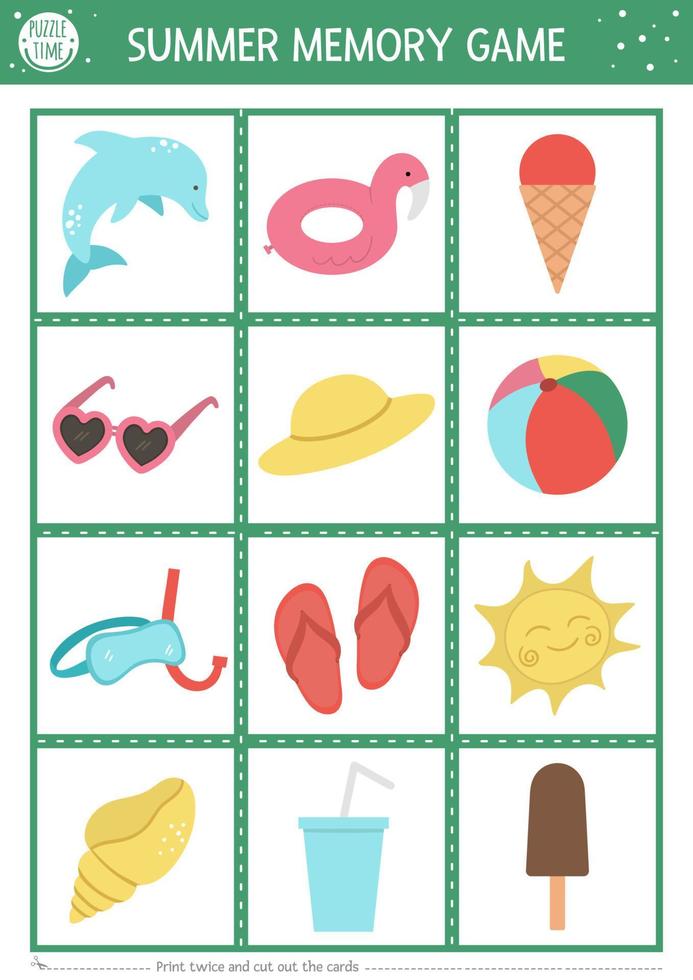 Sommer-Memory-Spielkarten mit süßen Strandobjekten. passende Aktivität mit Delfin, Eis. Erinnere dich und finde die richtige Bildkarte. Einfaches Arbeitsblatt zum Ausdrucken von Meeresferien für Kinder. vektor