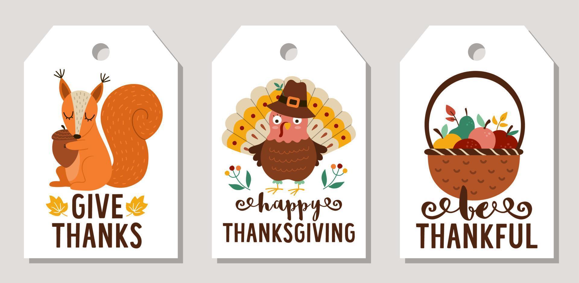 süßes Set von Thanksgiving-Preisschildern oder Karten mit Truthahn, Waldtier, Ernte. Vektor Herbstferien vertikale Druckvorlagen. Herbstdesign für Tags, Postkarten, Anzeigen