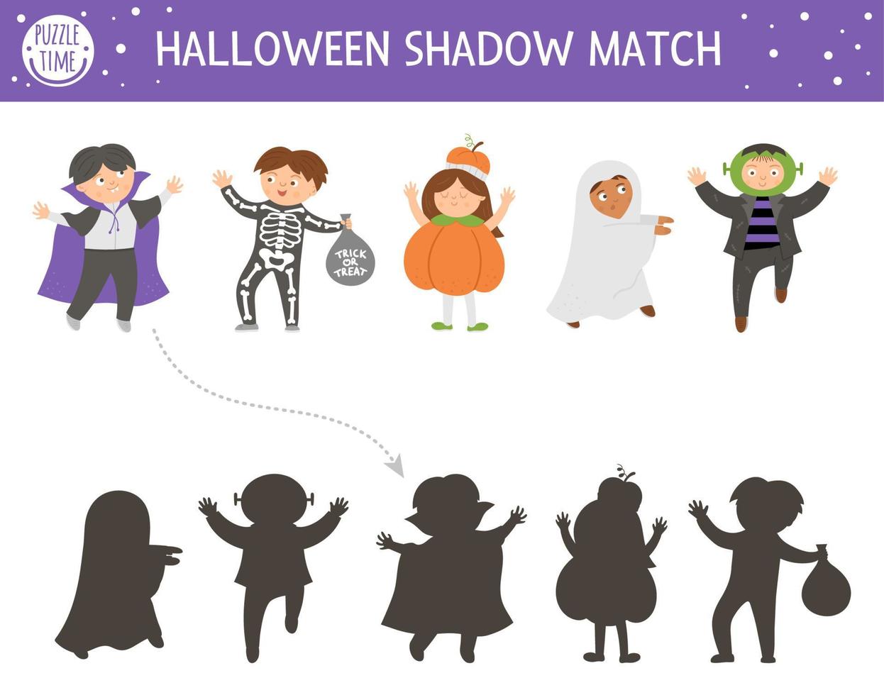 halloween skuggmatchningsaktivitet för barn. höstpussel med barn klädda i läskiga dräkter. pedagogiskt spel med vampyr, spöke, häxa. hitta det rätta utskrivbara kalkylbladet. vektor