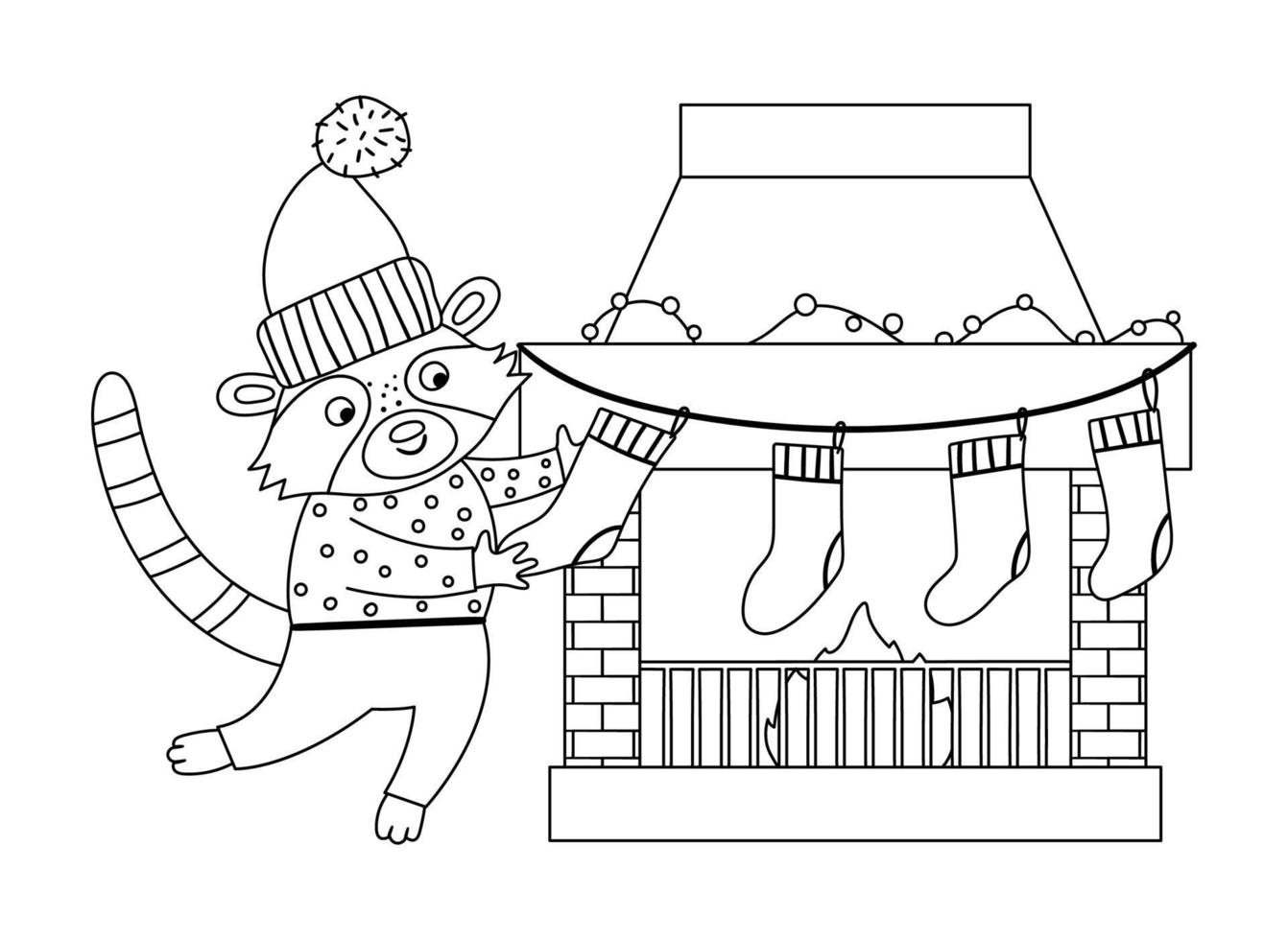 söt svartvitt julförberedelsesscen med tvättbjörn i hatt och tröja med strumpor och skorsten. vinterlinje illustration med djur och öppen spis. rolig kortdesign. nyårstryck vektor