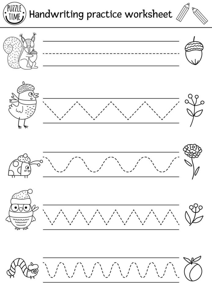 vektor tacksägelse handskrift övning kalkylblad. höstutskrivbar svartvit aktivitet för förskolebarn. fallspårning för skrivförmåga med söta skogsdjur, fåglar, insekter