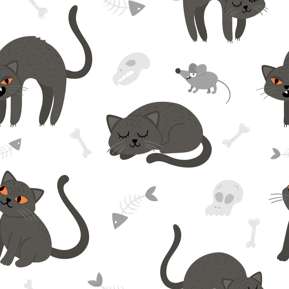 nahtloses Muster mit niedlichen schwarzen Katzen und Maus des Vektors. digitales papier mit halloween-zeichen. lustiger Herbst Allerheiligen Hintergrund mit gruseligen Tieren, Schädeln, Knochen für Kinder. vektor