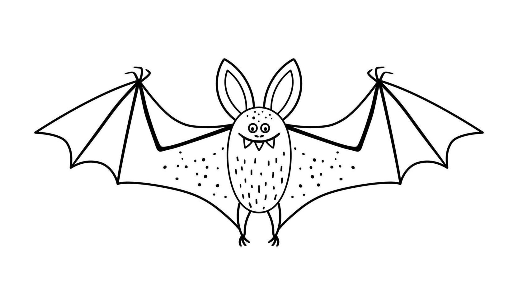 süße Vektor-Schwarz-Weiß-Fledermaus mit ausgebreiteten Flügeln. Halloween-Charakter-Symbol. Herbst Allerheiligen-Illustration mit fliegendem Tier. Samhain Party Malvorlagen für Kinder. vektor