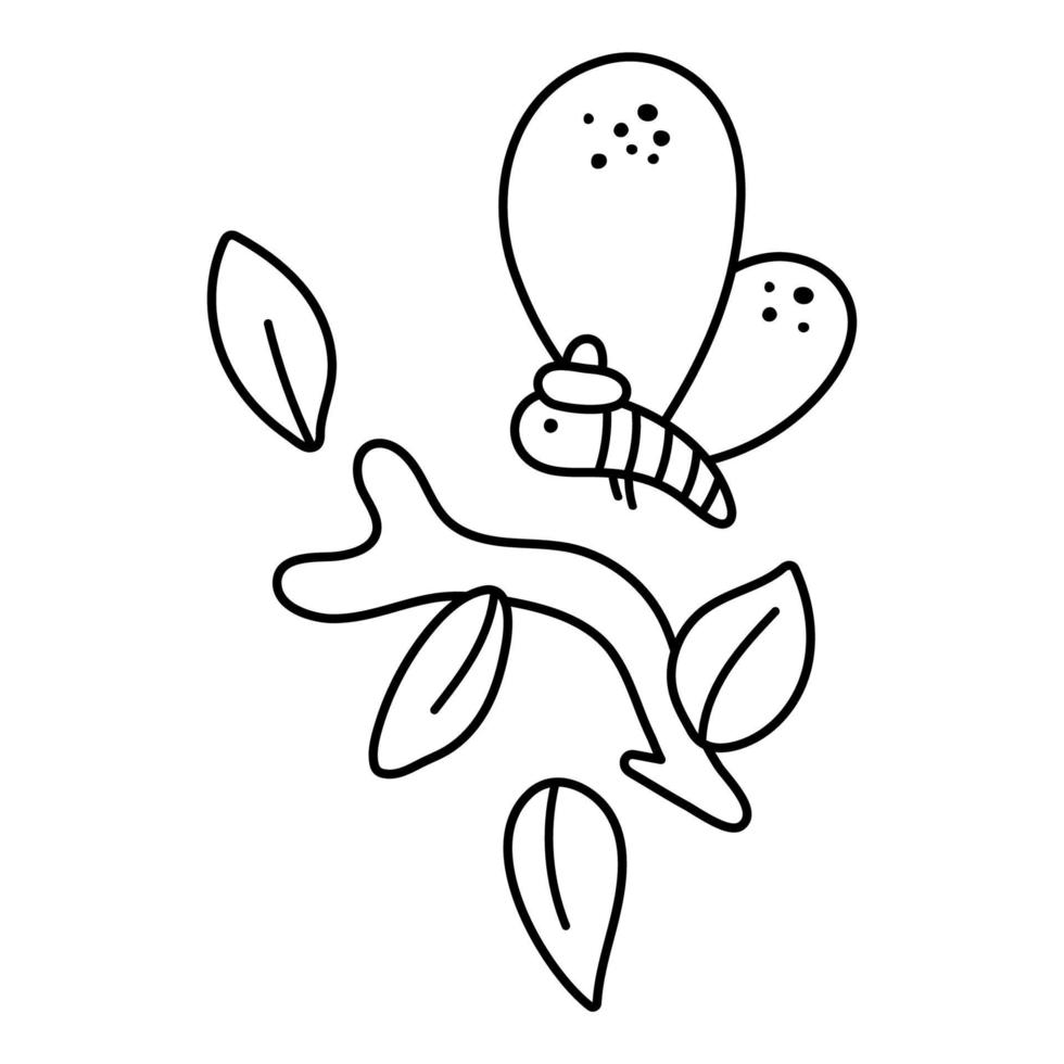 Vektor schwarz-weißes fliegendes Insekt in warmem Hut. Lustiges Waldfliegensymbol mit Baumzweig. süße Herbstwald-Umrissillustration für Kinderdesign, Druck, Schreibwaren