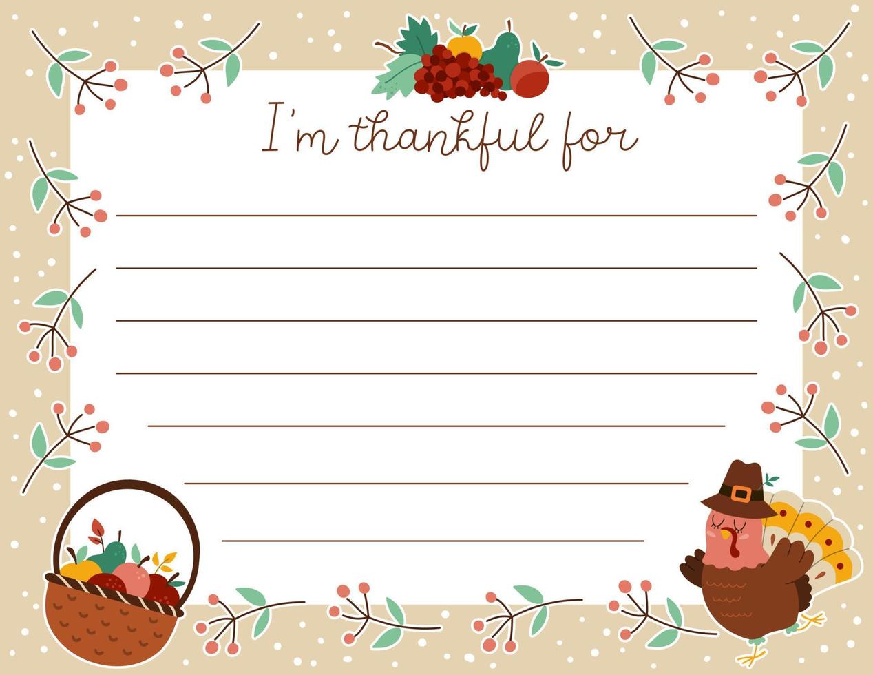 Vektor-Danksagungskarte. Ich bin dankbar für die horizontale Briefvorlage mit süßem Truthahn, Korb mit Äpfeln, Obsternte. Herbstferienrahmendesign für Kinder. vektor