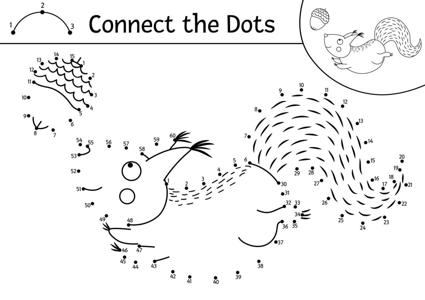 Vektor-Punkt-zu-Punkt- und Farbaktivität mit niedlicher Eichhörnchenjagd. Wald verbinden das Punktespiel für Kinder mit Tier. Wald-Malvorlagen für Kinder. Druckbares Arbeitsblatt zum Thema Natur vektor