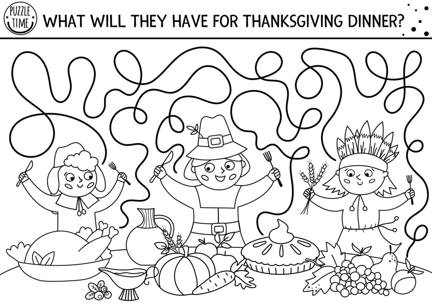 Thanksgiving Schwarz-Weiß-Labyrinth für Kinder. Herbstferienlinie druckbare Aktivität. Herbstlabyrinthspiel oder Malvorlagen mit ersten Amerikanern, Indianern, festlichem Feiertagsessen vektor