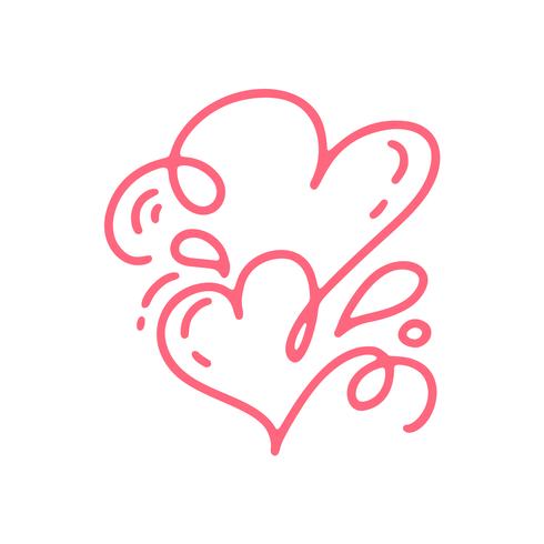 Par Monoline Röd Vector Alla hjärtans dag Hand Drawn Kalligrafiska Två Hjärtan. Holiday Design element valentin. Ikon kärleksdekor för webb, bröllop och tryck. Isolerad kalligrafi bokstäver illustration