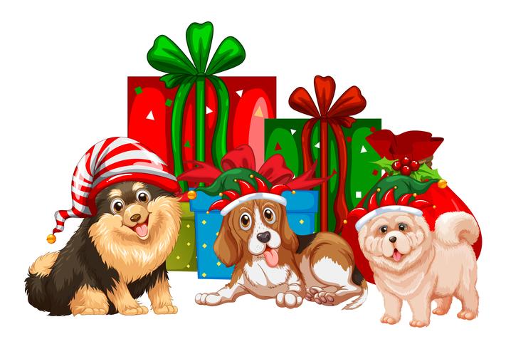 Weihnachtsthema mit Hunden und Geschenken vektor