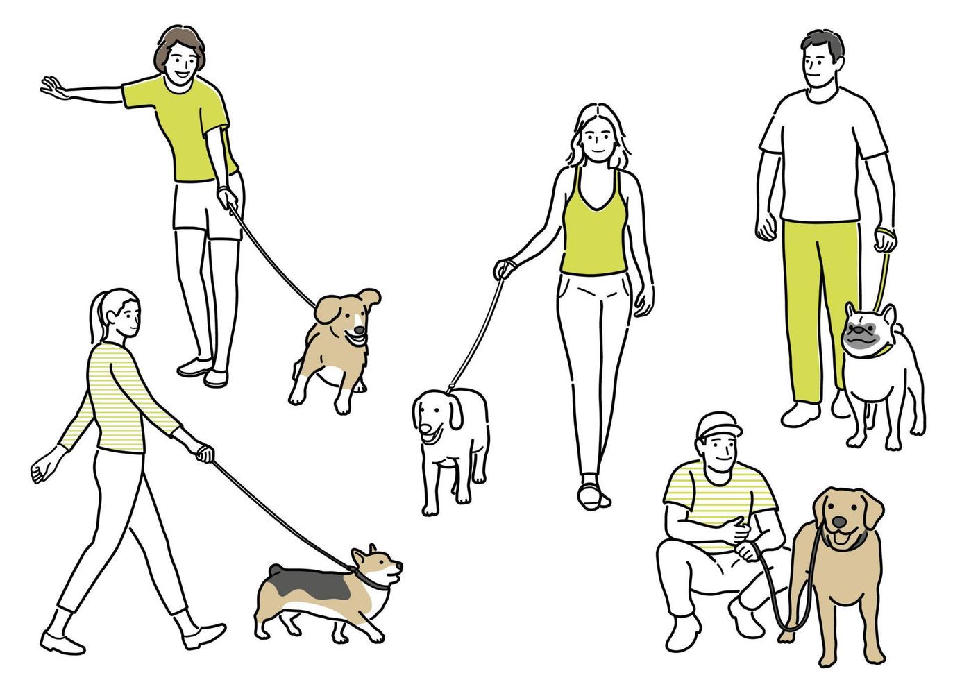 Satz glücklicher Hundewanderer mit ihren Haustieren an der Leine. Vektor einfache flache Strichzeichnungen auf einem weißen Hintergrund.
