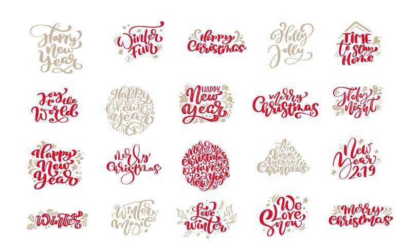 Set med god jul vintage kalligrafi bokstäver vektor text fraser med vinter ritning skandinaviska designelement. För konstdesign, mockup broschyr stil, broschyr broschyr, affisch