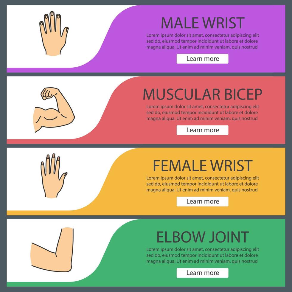 menschliche Körperteile Web-Banner-Vorlagen eingestellt. männliche und weibliche Hände, muskulöser Bizeps, Ellenbogengelenk. Website-Farbmenüpunkte. Designkonzepte für Vektorheader vektor