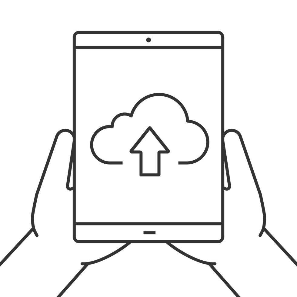Hände, die lineares Symbol für Tablet-Computer halten. Cloud Computing. dünne Linie Abbildung. Tablet-Computer mit Cloud- und Upload-Zeichen. Kontursymbol. Vektor isolierte Umrisszeichnung