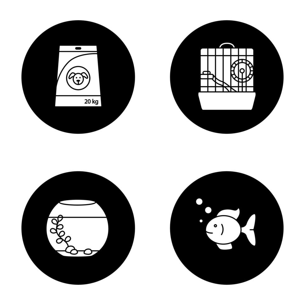 husdjur levererar glyph ikoner set. hundmat, akvarium, fisk, hamsterbur. vektor vita silhuetter illustrationer i svarta cirklar