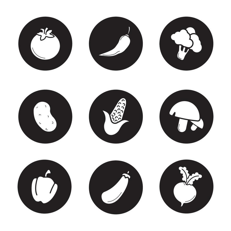 Gemüseikonen eingestellt. Tomate, scharfe Chilischote, Brokkoli, Kartoffel, Mais, Champignons, Rote Beete, Paprika, Aubergine, Mais, Rübe. Vektorgrafiken von weißen Silhouetten in schwarzen Kreisen vektor