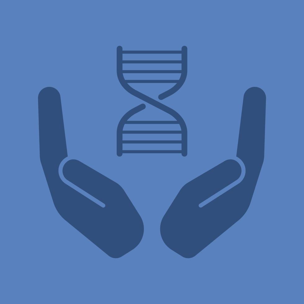 Offene Handflächen mit DNA-Ketten-Glyphen-Farbsymbol. Silhouette-Symbol. genetische Forschung. negativer Raum. isolierte Vektorgrafik vektor