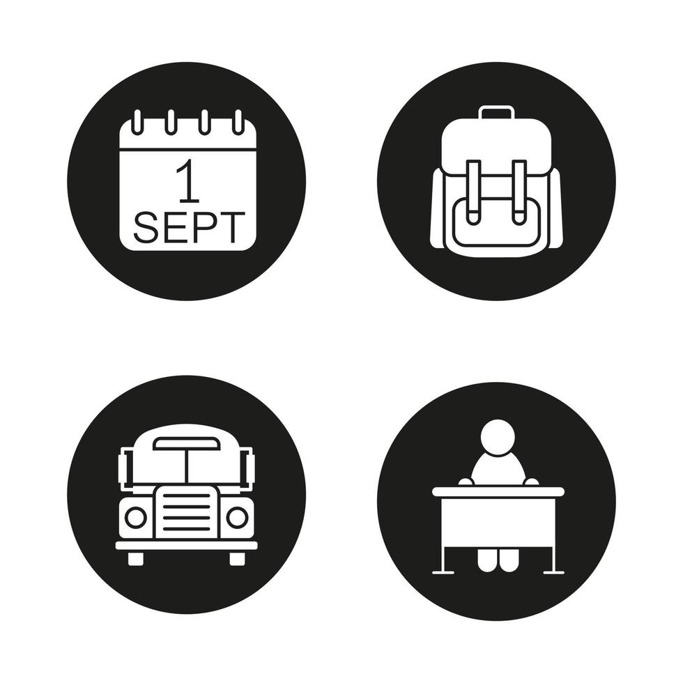 skola och utbildning glyph ikoner set. 1 september datum, skolbuss, elevsäck, elev sitter vid skrivbordet. vektor vita silhuetter illustrationer i svarta cirklar