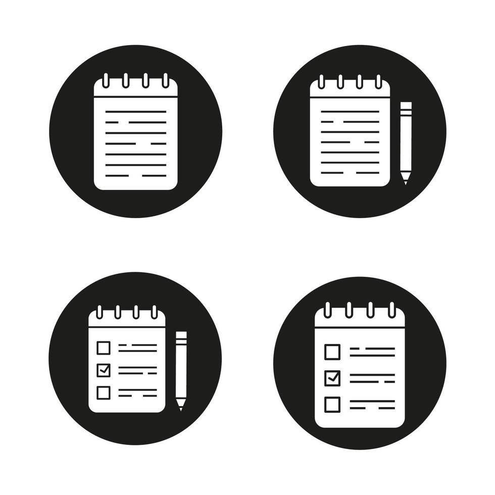 Notizblöcke Glyphensymbole gesetzt. Notizbücher und Aufgabenlisten mit Bleistiften. Vektorgrafiken von weißen Silhouetten in schwarzen Kreisen vektor