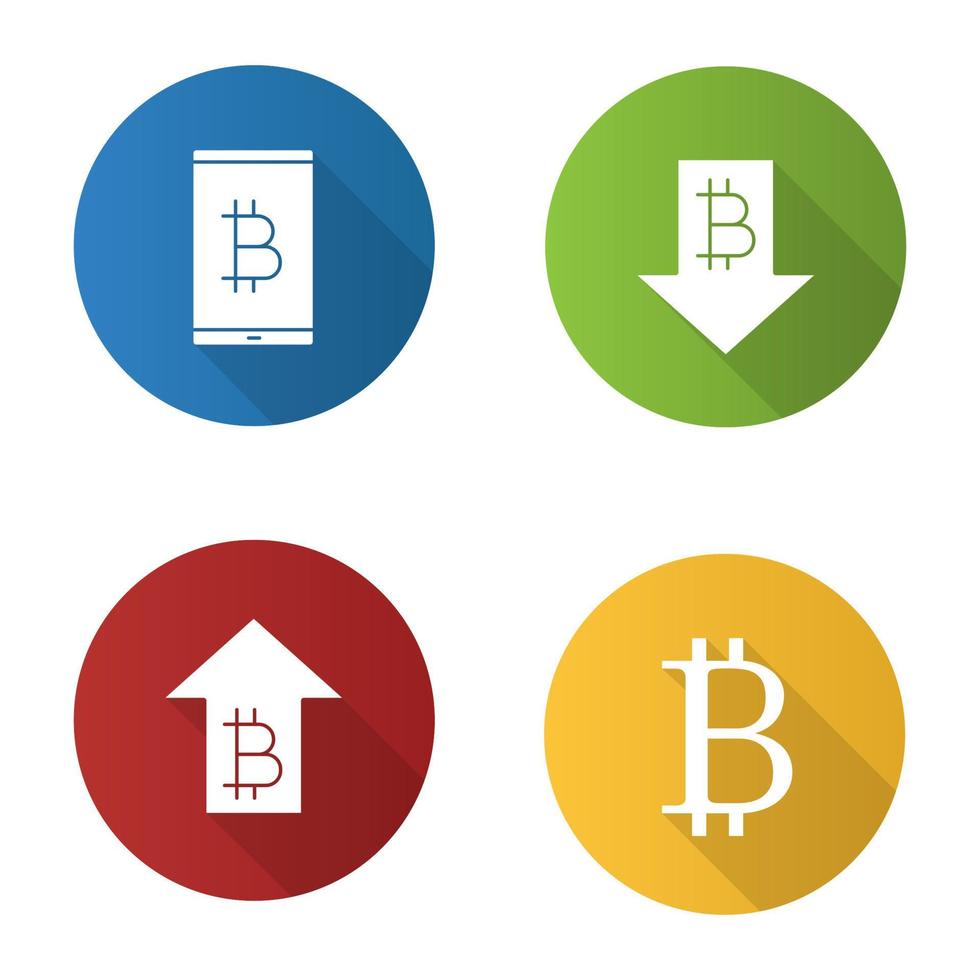 bitcoin platt design lång skugga glyph ikoner set. digital plånbok, kursstegring och fallande, bitcoin -tecken. vektor silhuett illustration