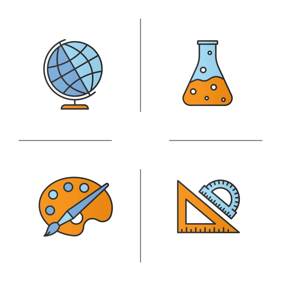 Bildung Farbsymbole gesetzt. Geographie, Chemie, Kunst, Geometriesymbole. Schulherrscher, chemische Reaktion, Palette mit Pinsel, Globus. isolierte vektorillustrationen vektor