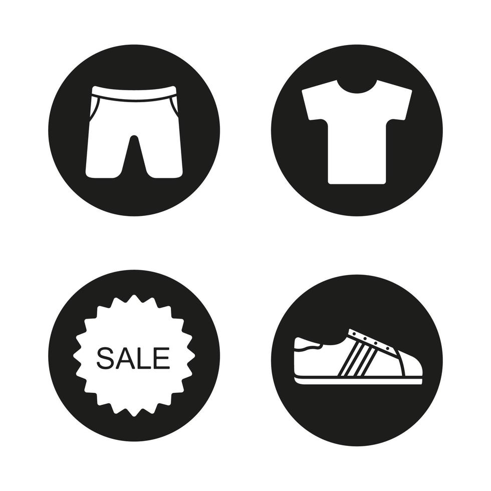 Bekleidungsgeschäft Verkauf Icons Set. T-Shirt, Shorts, Sneaker, Verkaufsaufkleber. Vektorgrafiken von weißen Silhouetten in schwarzen Kreisen vektor