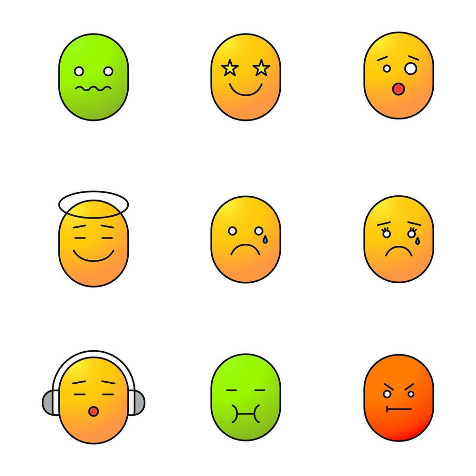 smileys färg ikoner set. bra och dåligt humör. förvirrad, upphetsad, tårig, kräkningar, arg, chockad, lyssnar på musik -uttryckssymboler. isolerade vektorillustrationer vektor