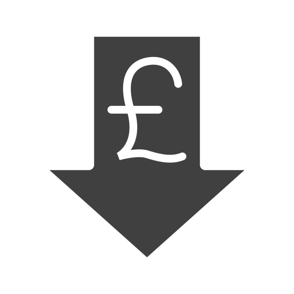 Pfund-Rate fallendes Glyphensymbol. Silhouette-Symbol. Großbritannien Pfund mit Pfeil nach unten. negativer Raum. isolierte Vektorgrafik vektor