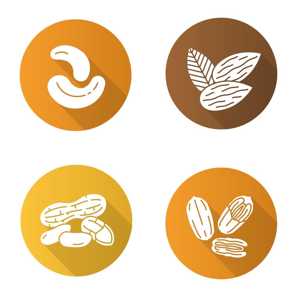 nötter platt design lång skugga glyph ikoner set. mandel, jordnötter, cashewnötter och pekannötter. vektor silhuett illustration