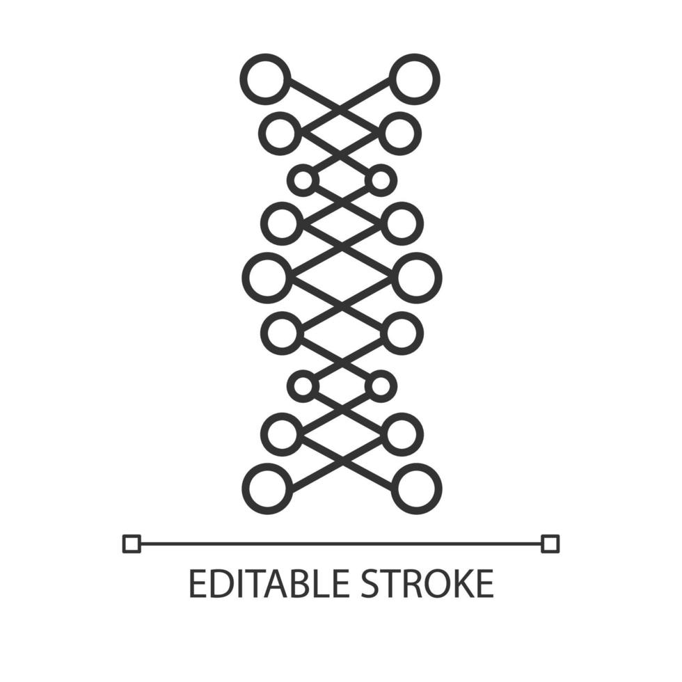 DNA-Doppelhelix-lineares Symbol. verbundene Punkte, Linien. Desoxyribonukleinsäure, Nukleinsäure. genetischer Code. Genetik. dünne Linie Abbildung. Kontursymbol. Vektor isolierte Umrisszeichnung. bearbeitbarer Strich