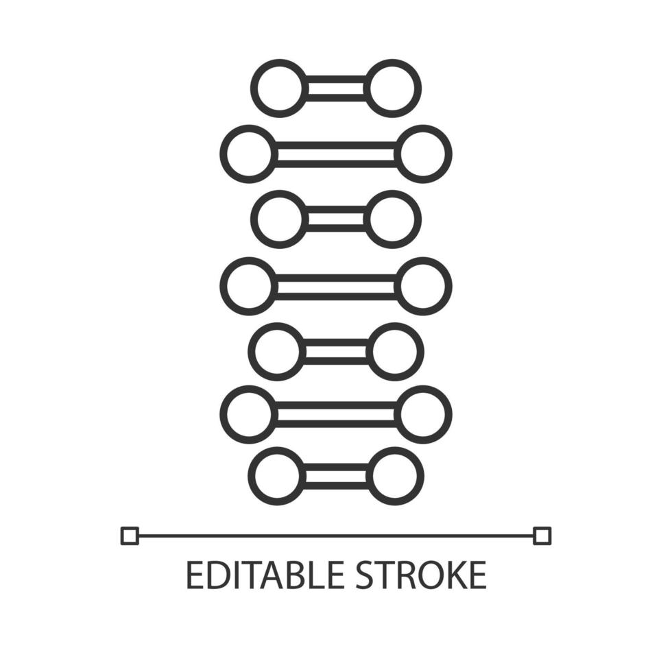 DNA-Spiralketten lineares Symbol. verbundene Punkte, Linien. Desoxyribonukleinsäure, Nukleinsäurehelix. genetischer Code. dünne Linie Abbildung. Kontursymbol. Vektor isolierte Umrisszeichnung. bearbeitbarer Strich