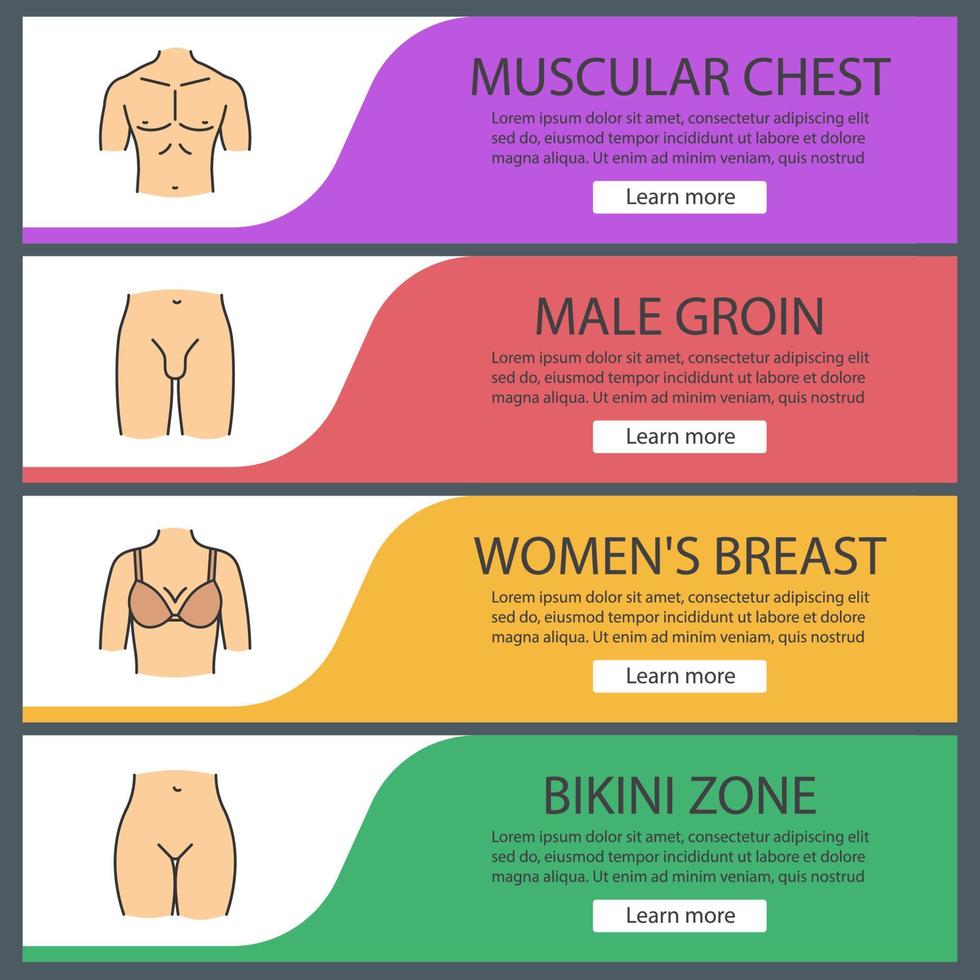 menschliche Körperteile Web-Banner-Vorlagen eingestellt. muskulöse Männerbrust, weibliche Brust, Bikinizone, männliche Leiste. Website-Farbmenüpunkte. Designkonzepte für Vektorheader vektor