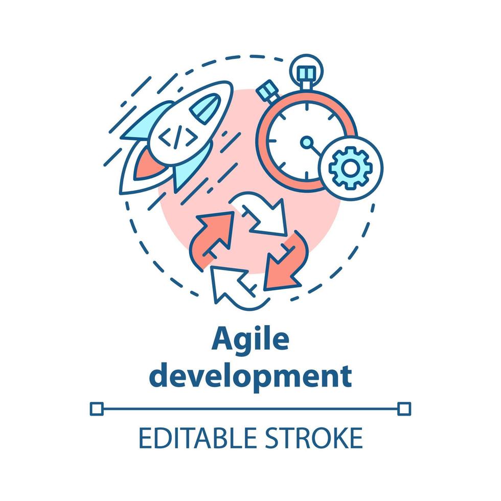 Symbol für agiles Entwicklungskonzept. kurzfristige Teamarbeit. strategisches Management. Zyklus der Softwareprogrammierung. Starten Sie es Projektidee dünne Linie Illustration. Vektor isolierte Umrisszeichnung. bearbeitbarer Strich