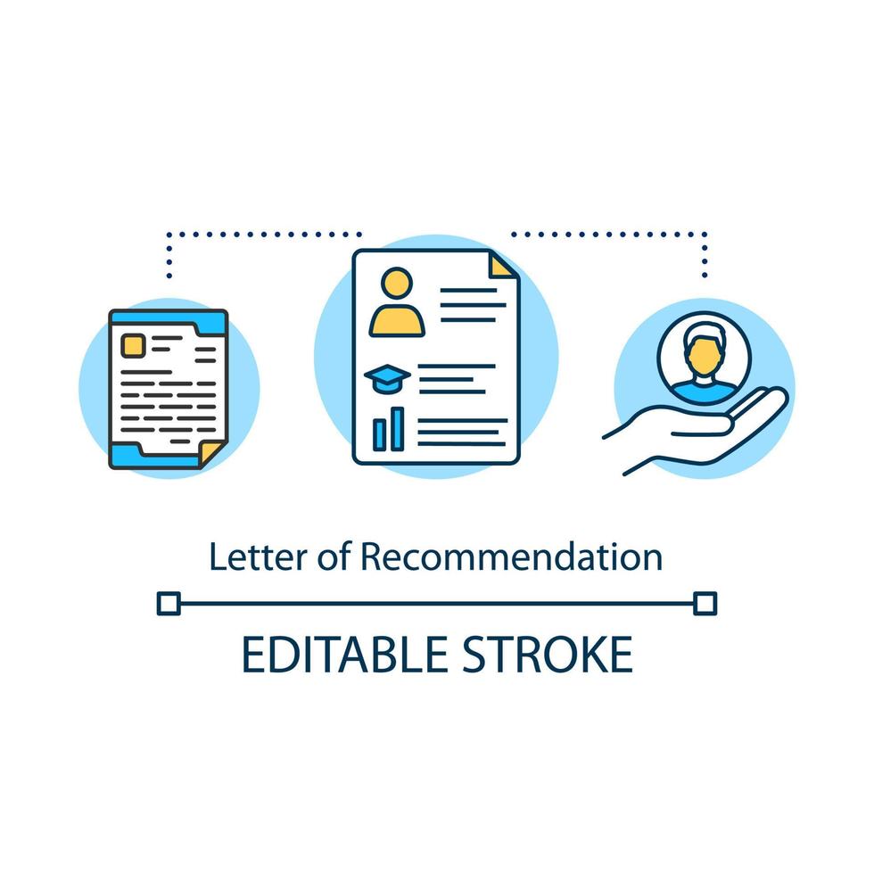 rekommendationsbrev konceptikon. teckenreferens. universitetets inträdesdokument. CV för sysselsättningsidé tunn linje illustration. vektor isolerade konturritning. redigerbar stroke