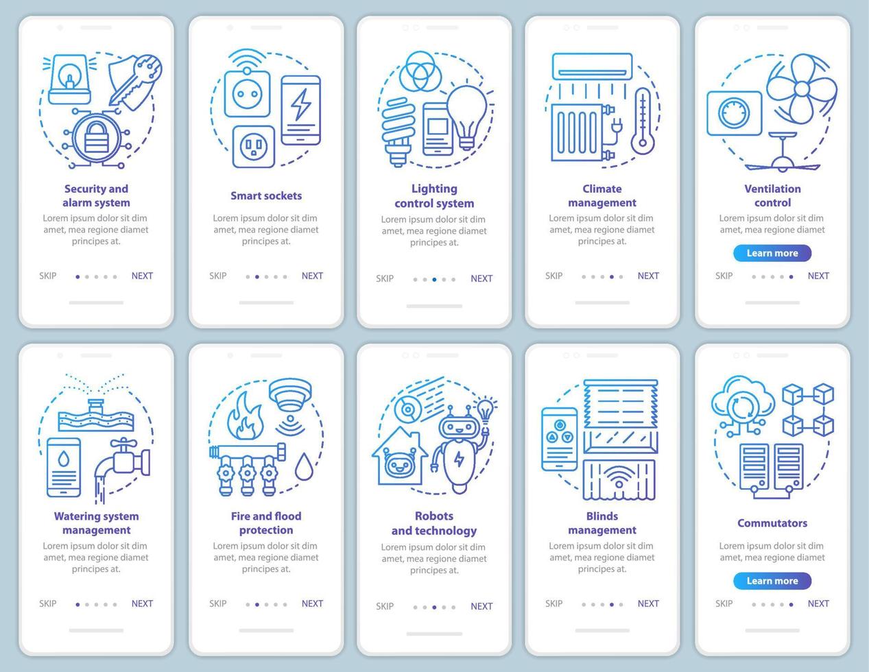 Smart House Onboarding Mobile App Seite Bildschirm Vektor Vorlagensatz. moderne Hausautomationssysteme. Walkthrough-Website-Schritte mit linearen Illustrationen. ux, ui, gui Smartphone-Schnittstellenkonzept